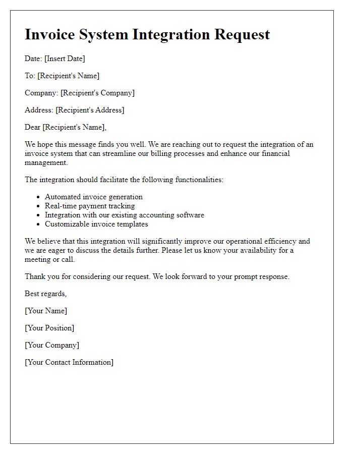 Letter template of invoice system integration request