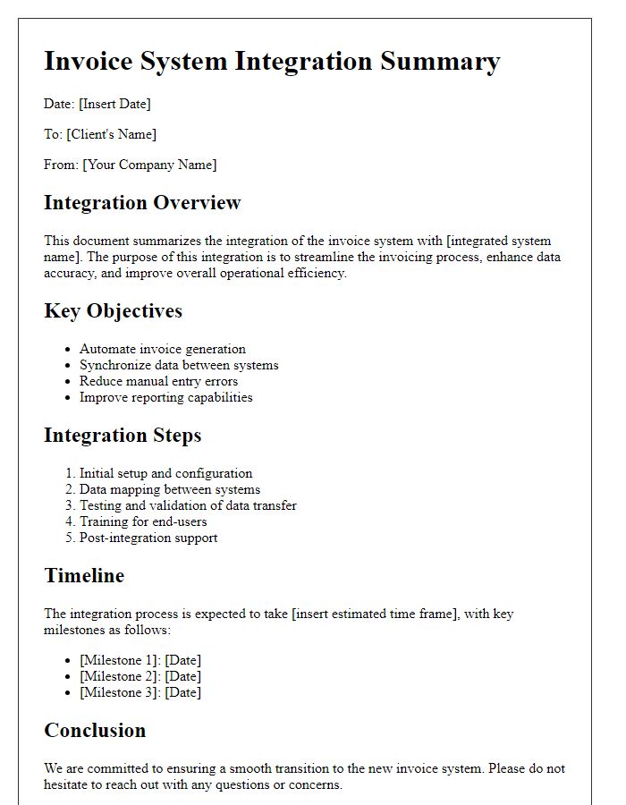 Letter template of invoice system integration summary