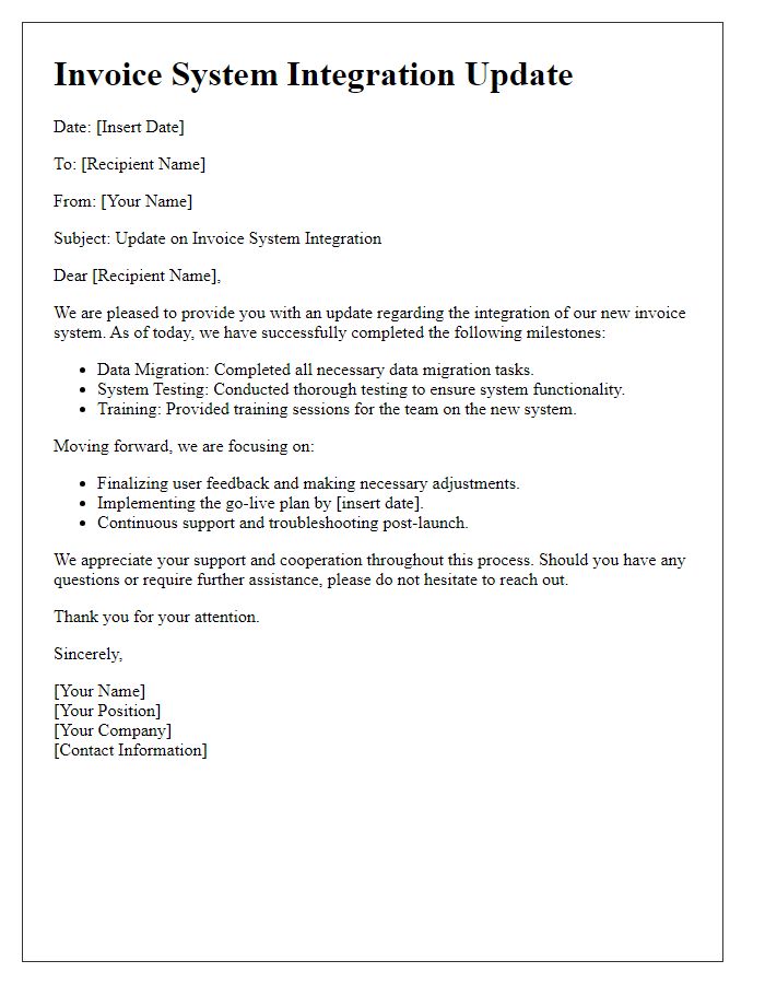 Letter template of invoice system integration update