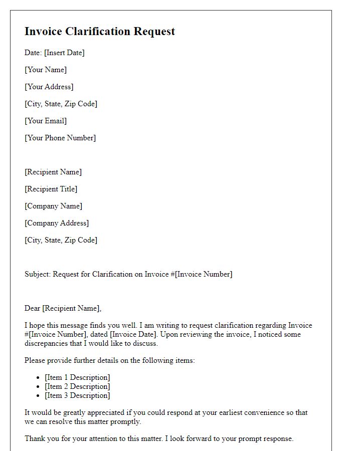 Letter template of invoice clarification request