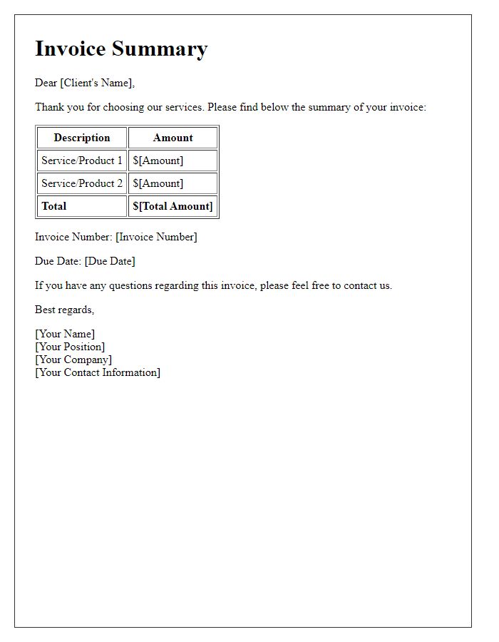 Letter template of invoice summary for clients