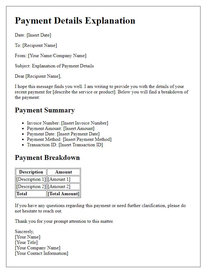 Letter template of payment details explanation