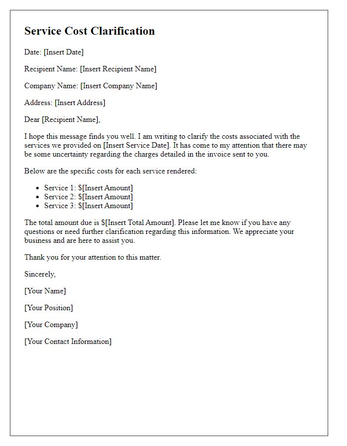 Letter template of service cost clarification