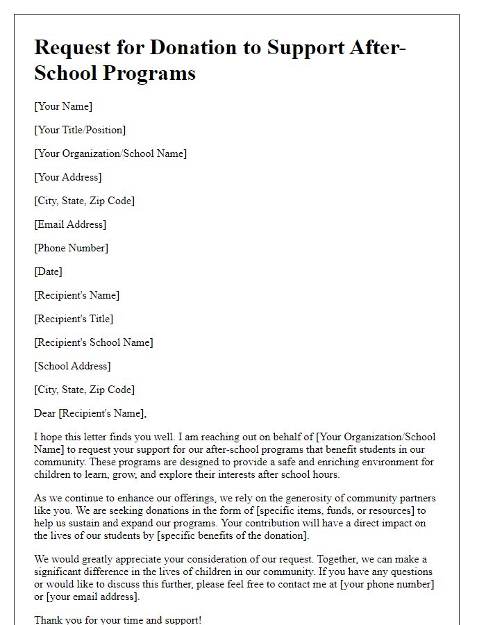 Letter template of donation request for after-school programs to schools