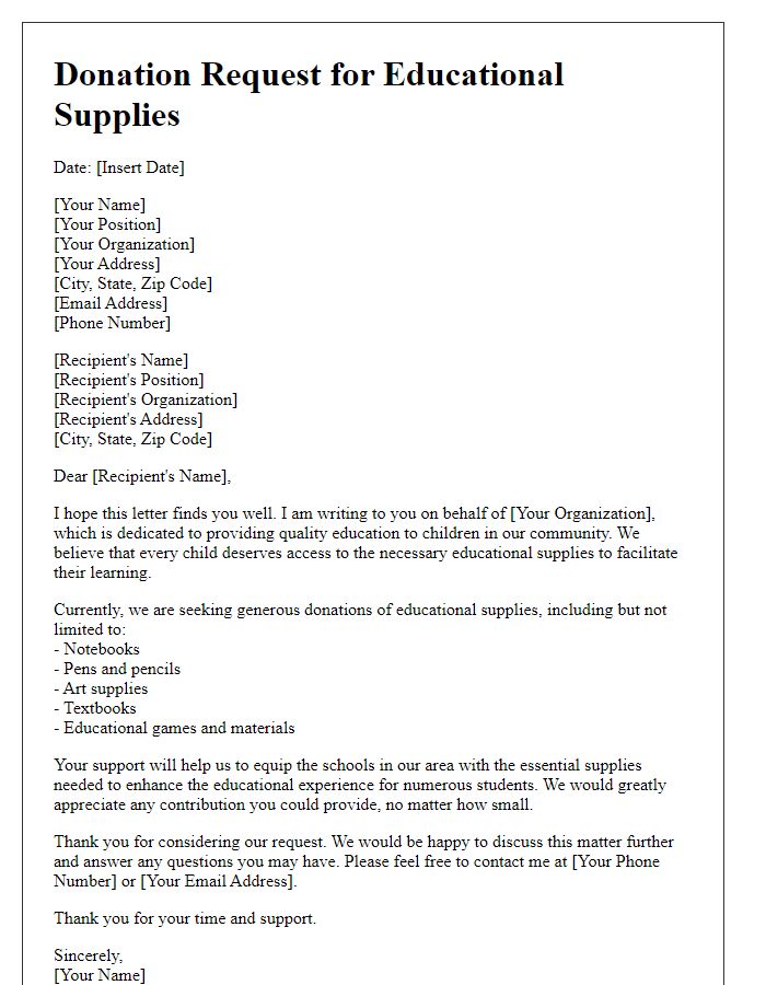 Letter template of donation request for educational supplies to schools