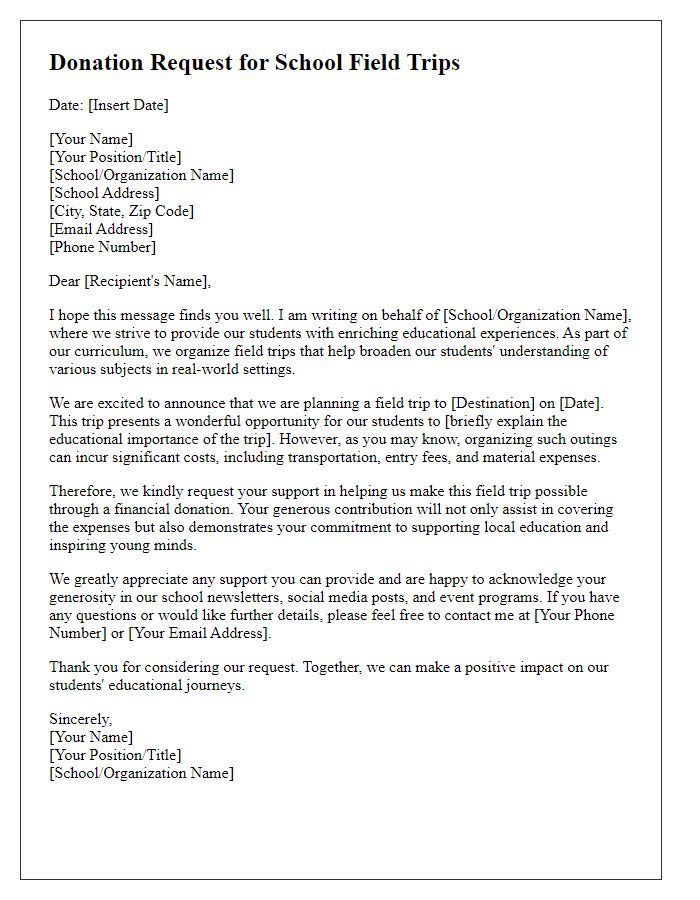 Letter template of donation request for field trips to schools