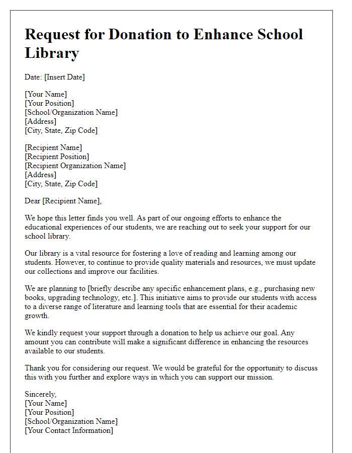 Letter template of donation request for library enhancements to schools