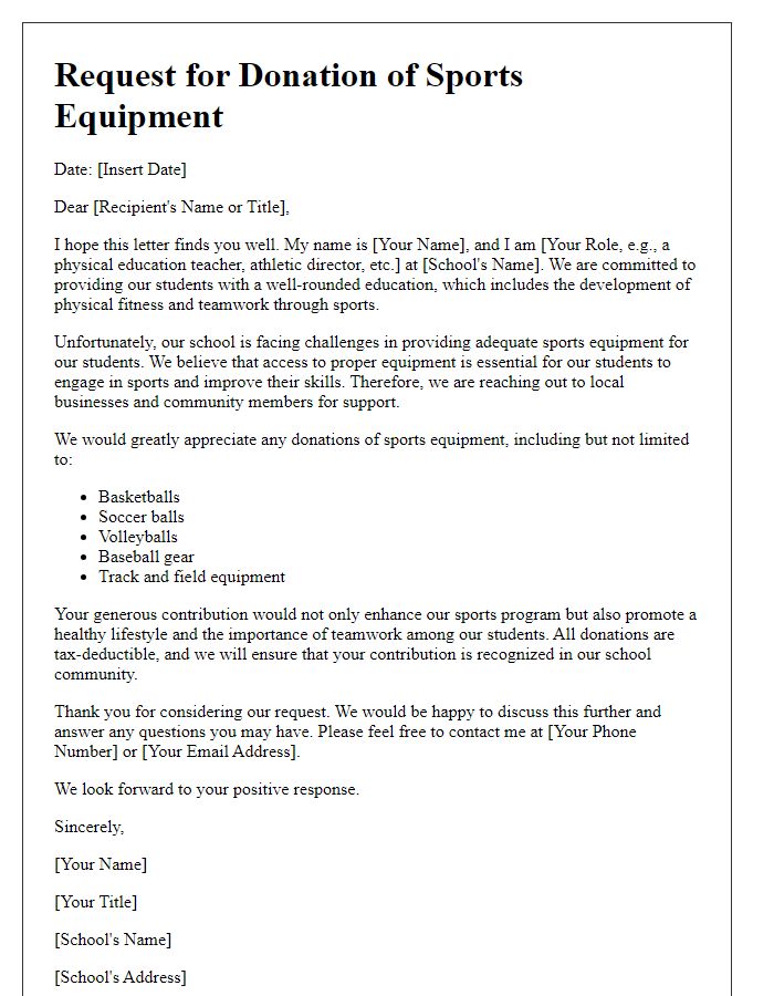 Letter template of donation request for sports equipment to schools