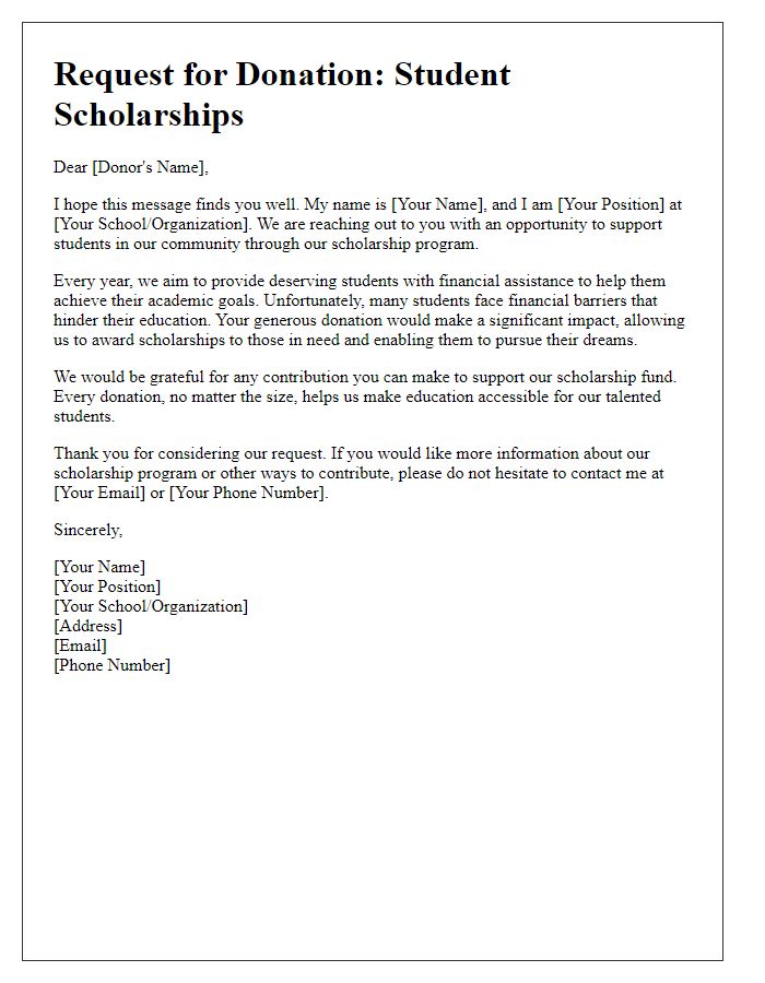 Letter template of donation request for student scholarships to schools