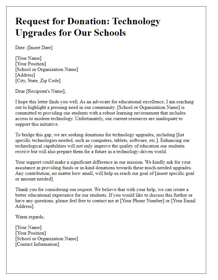 Letter template of donation request for technology upgrades to schools