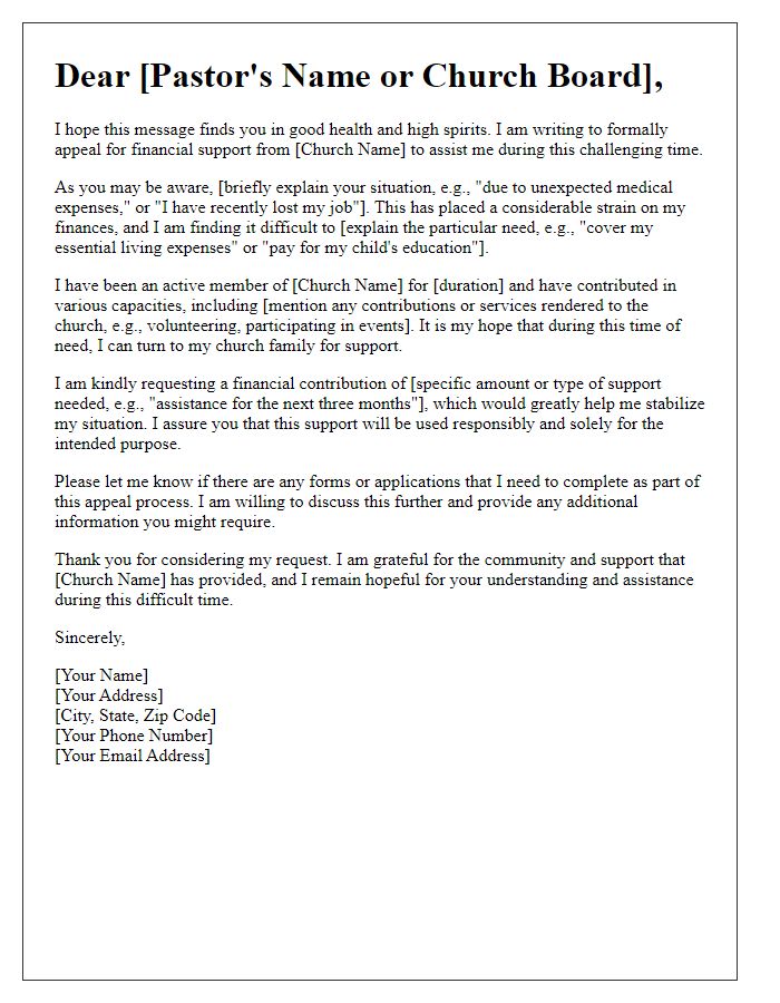 Letter template of formal appeal for financial support to the church.