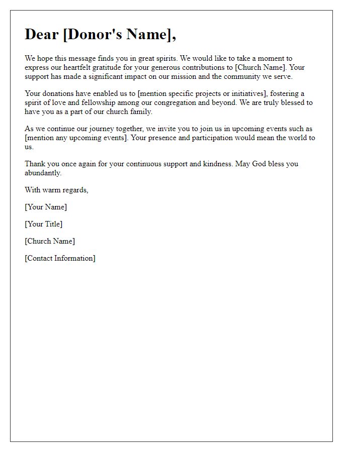 Letter template of grateful outreach for church donation contributions.