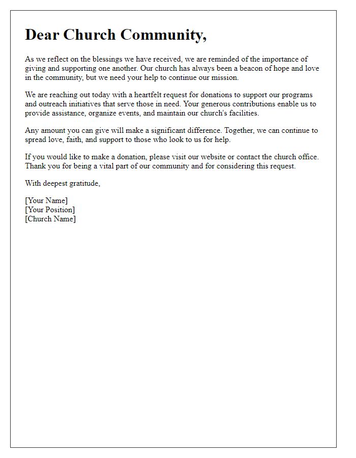 Letter template of heartfelt donation request to the church community.