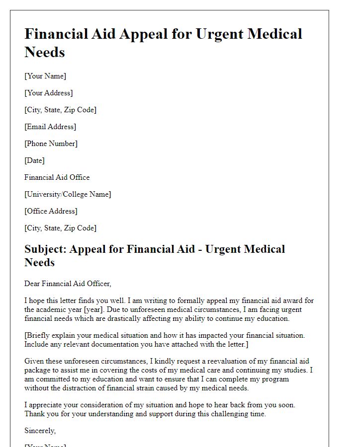 Letter template of financial aid appeal for urgent medical needs