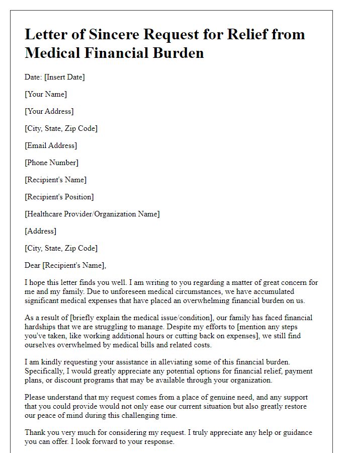 Letter template of sincere request for relief from medical financial burden