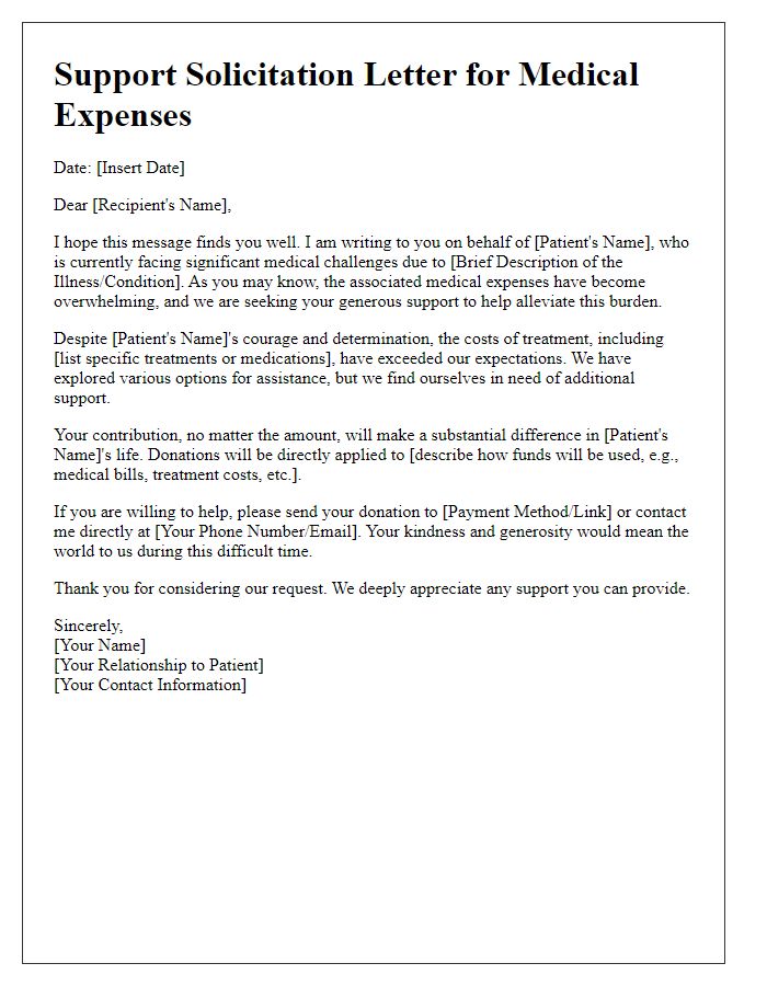 Letter template of support solicitation for critical medical expenses