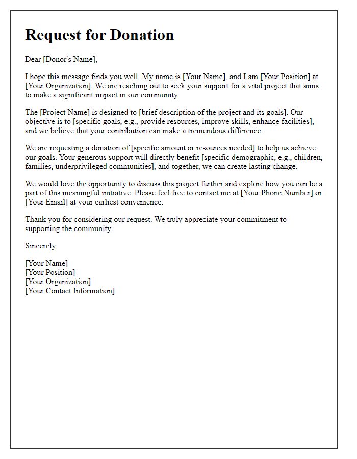 Letter template of community impact donation request for specific project.