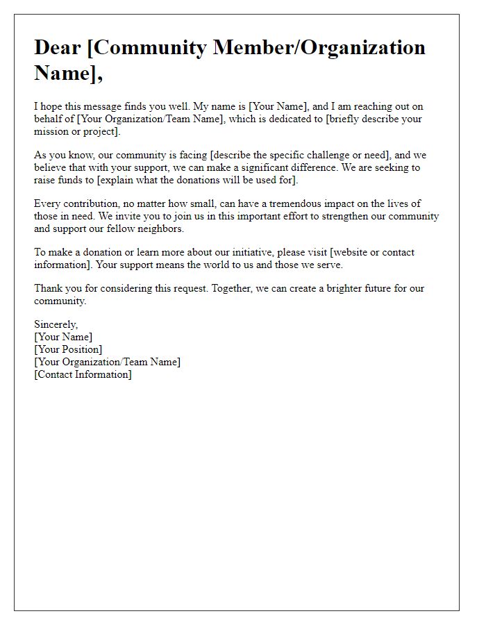 Letter template of heartfelt donation request for community support.