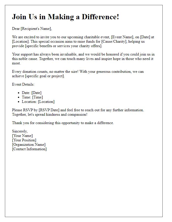 Letter template of inspiring donation invitation for charitable event.