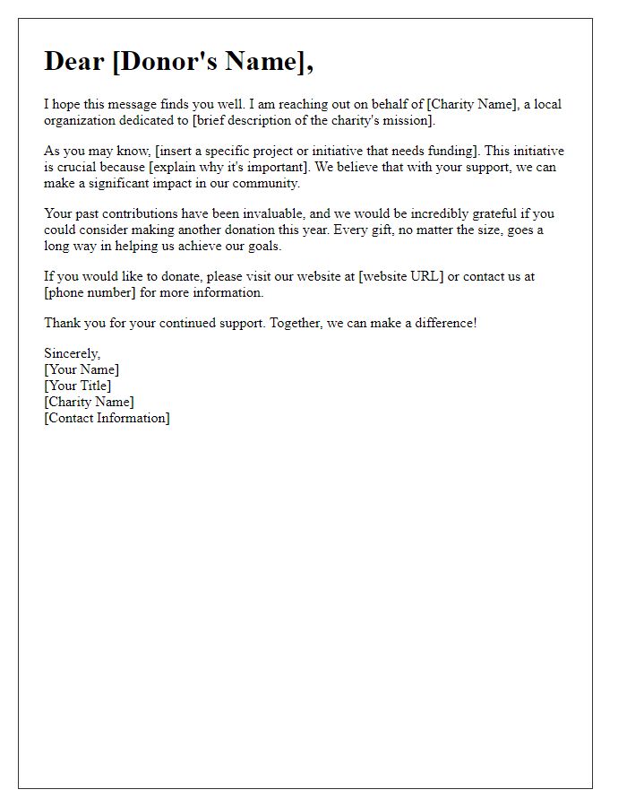 Letter template of personalized donation solicitation for local charity.