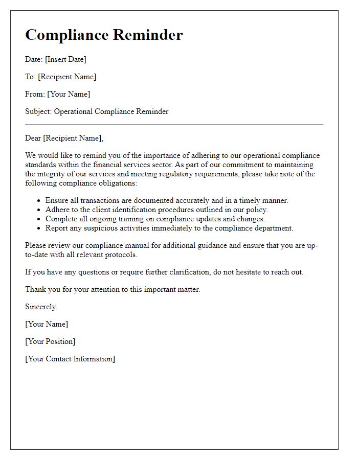 Letter template of financial services operational compliance reminder