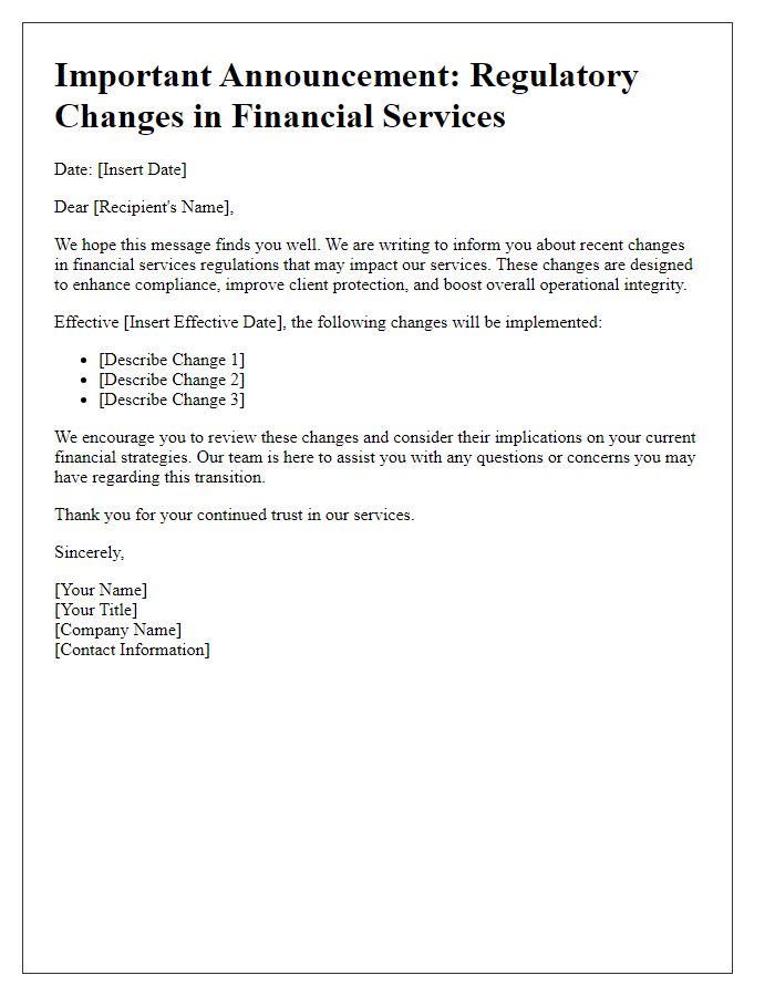 Letter template of financial services regulatory change announcement