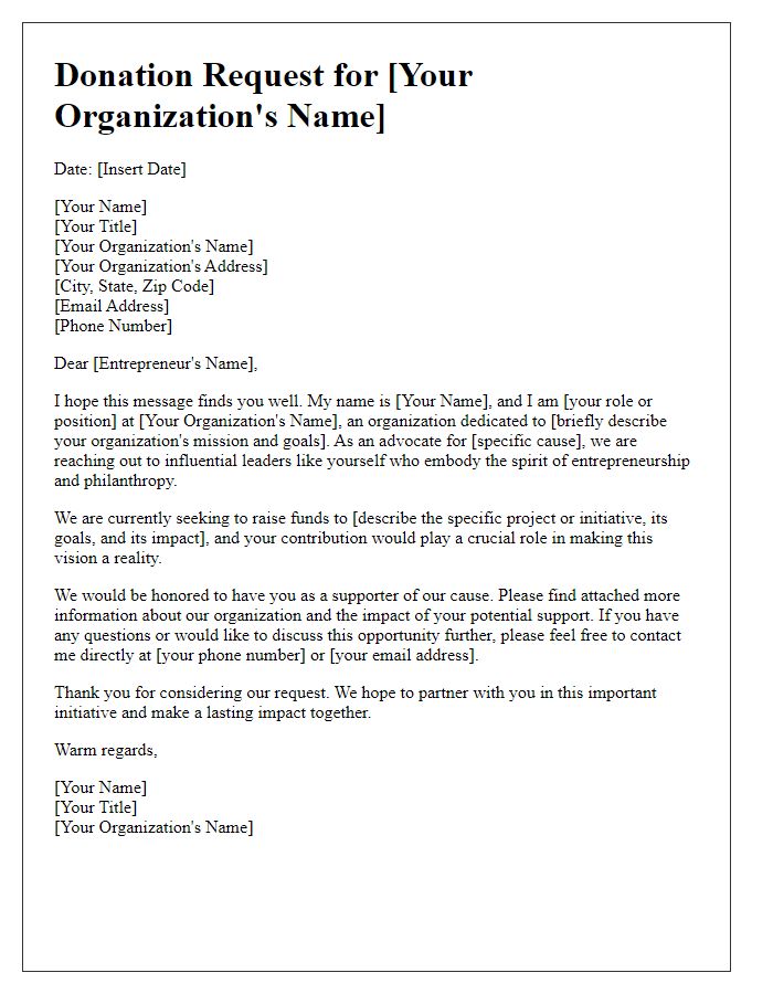 Letter template of donation request aimed at securing funding from successful entrepreneurs