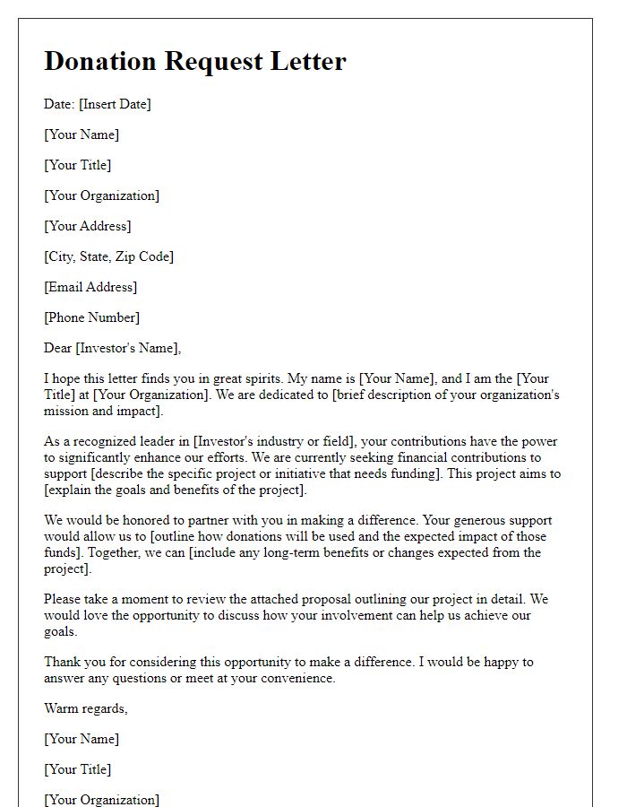 Letter template of donation request designed to attract contributions from prominent investors