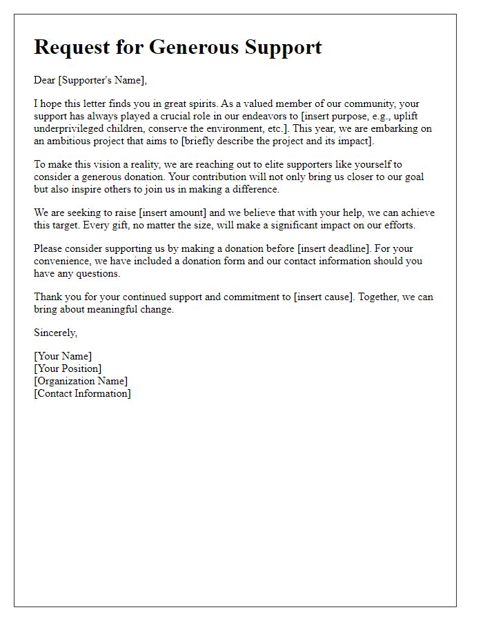 Letter template of donation request to solicit generous donations from elite supporters