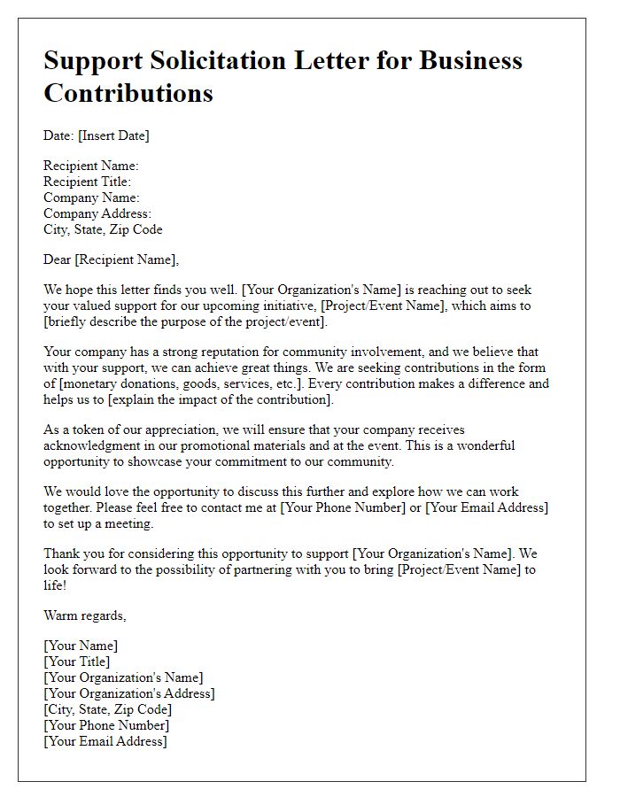 Letter template of support solicitation for business contributions