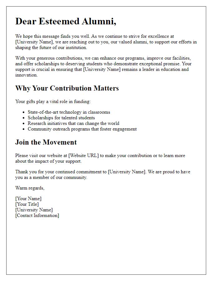 Letter template of a campaign-focused appeal for alumni contributions.