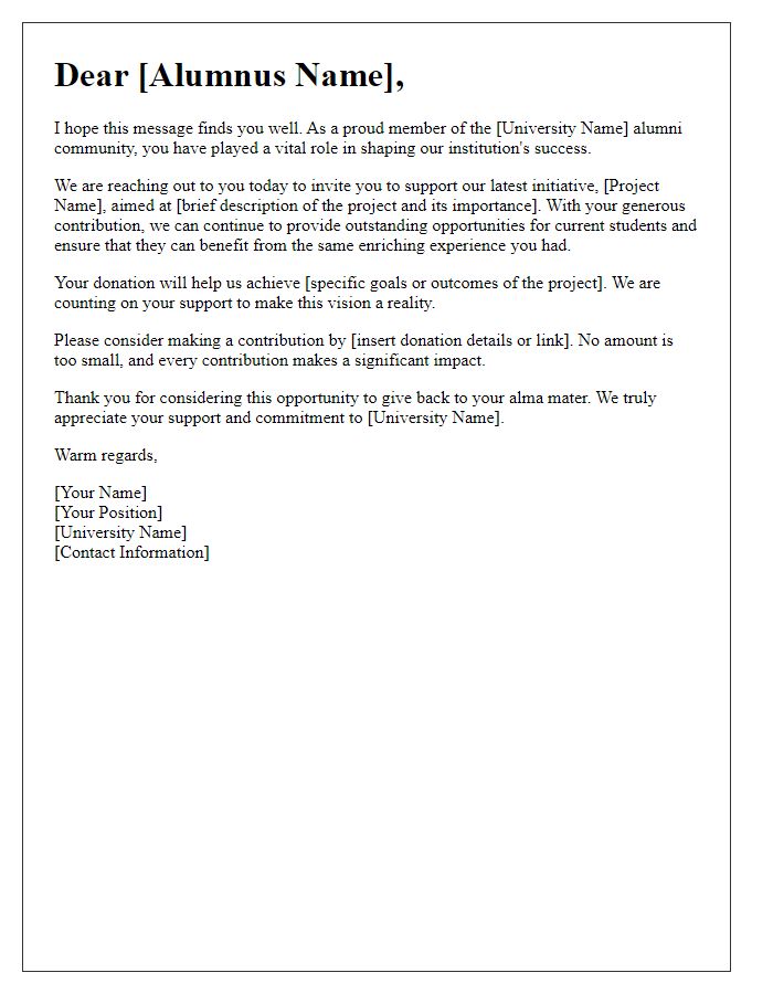 Letter template of a formal donation appeal to alumni.