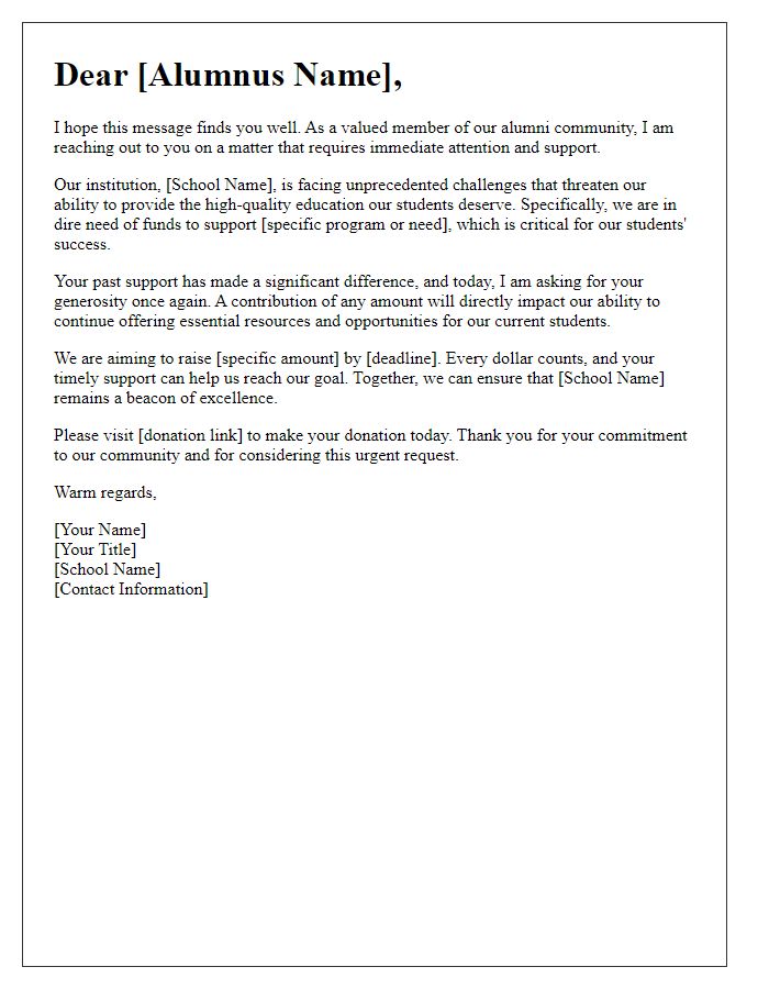 Letter template of an urgent fundraising plea to alumni.