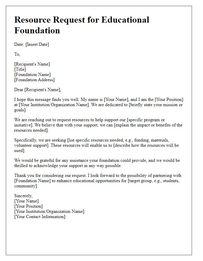 Letter template of resource request for educational foundations