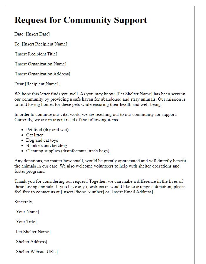 Letter template of community support request for pet shelter needs