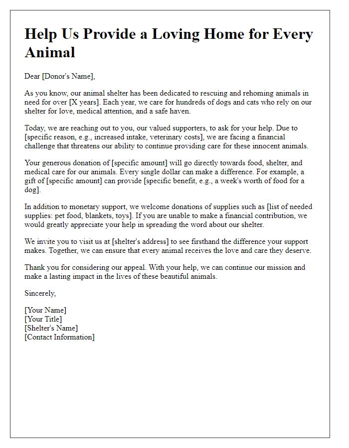 Letter template of fundraising appeal for animal shelter assistance