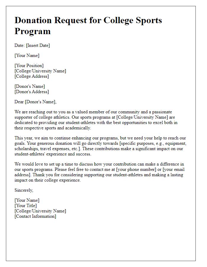 Letter template of donation request for college sports programs