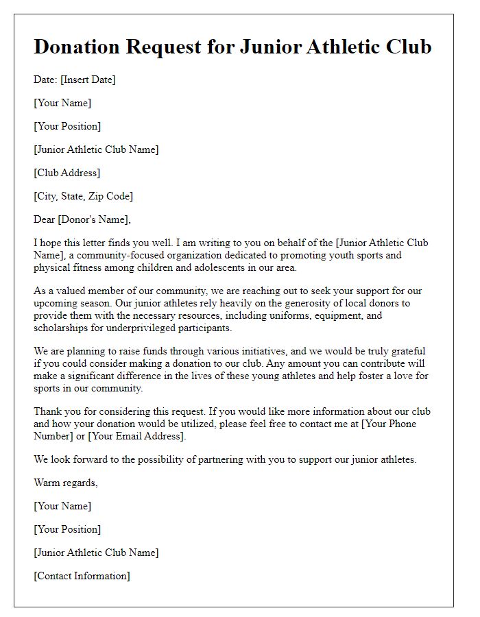 Letter template of donation request for junior athletic clubs