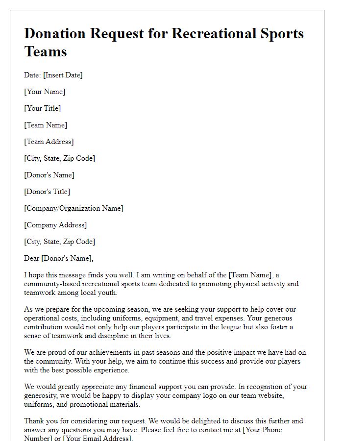 Letter template of donation request for recreational sports teams