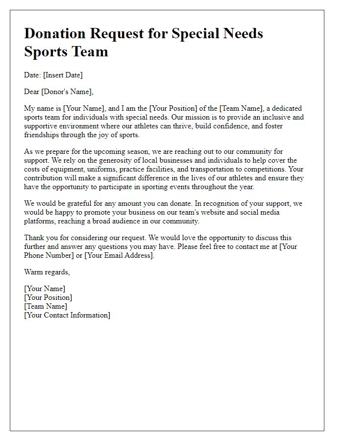 Letter template of donation request for special needs sports teams