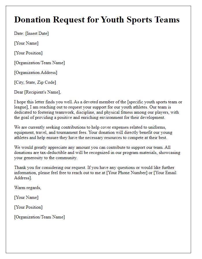 Letter template of donation request for youth sports teams