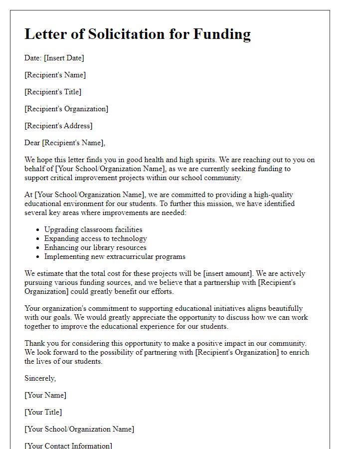 Letter template of funding solicitation for school improvement projects