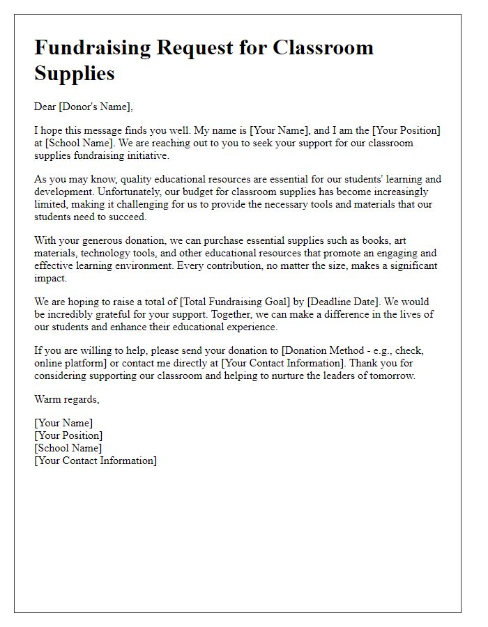 Letter template of fundraising letter for classroom supplies