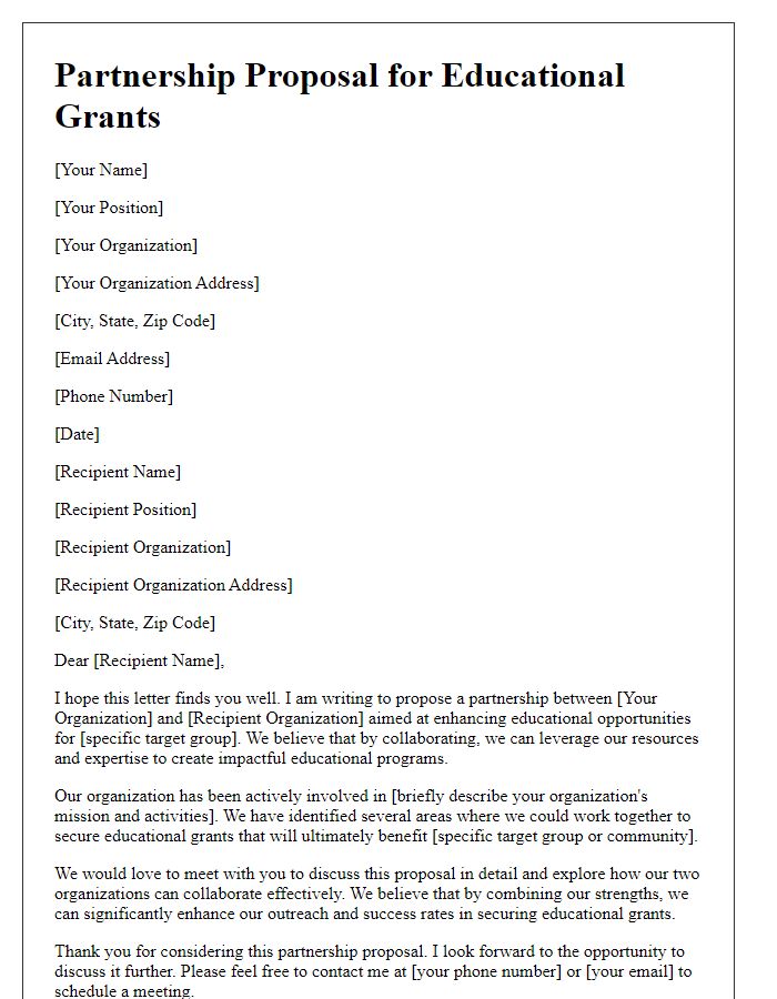 Letter template of partnership proposal for educational grants