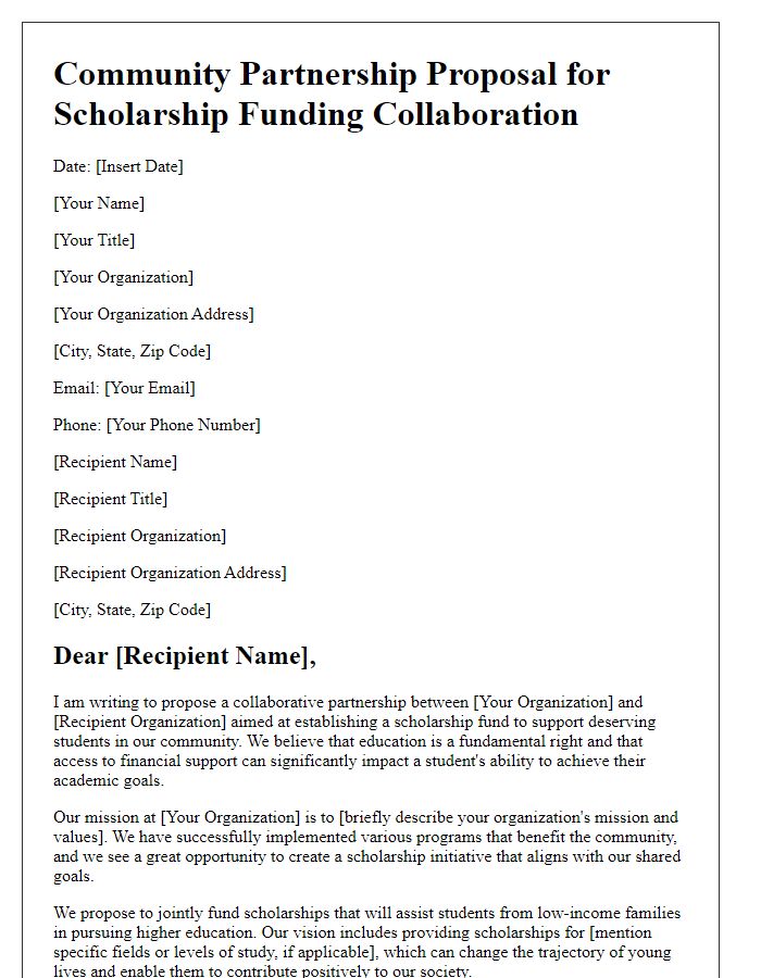 Letter template of community partnership proposal for scholarship funding collaboration.