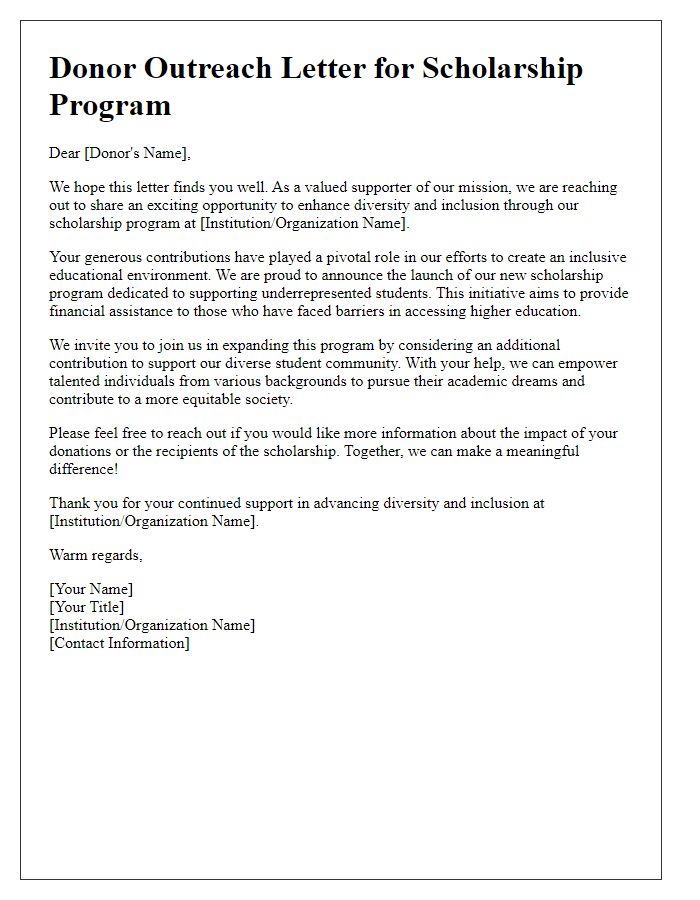 Letter template of donor outreach for scholarship program enhancing diversity and inclusion.