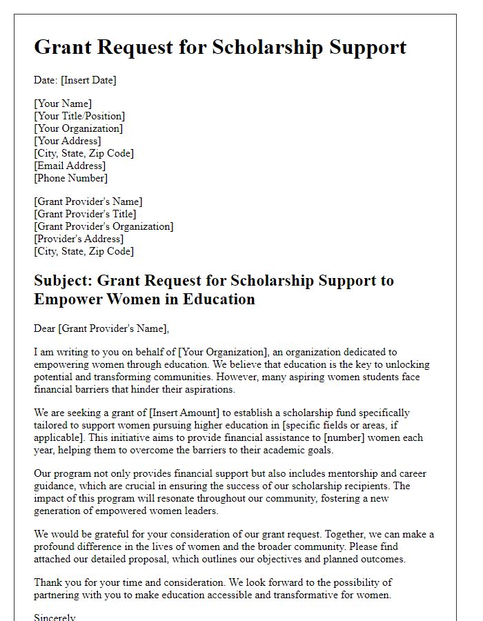 Letter template of grant request for scholarship support to empower women in education.