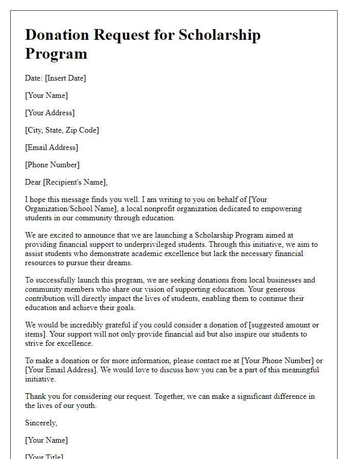 Letter template of scholarship program donation request for local community support.