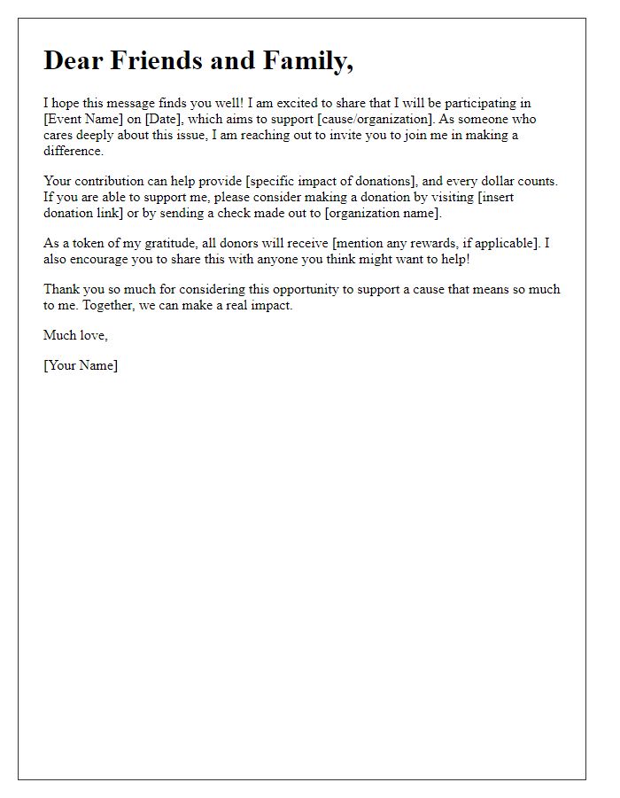 Letter template of fundraising event donation appeal to friends and family