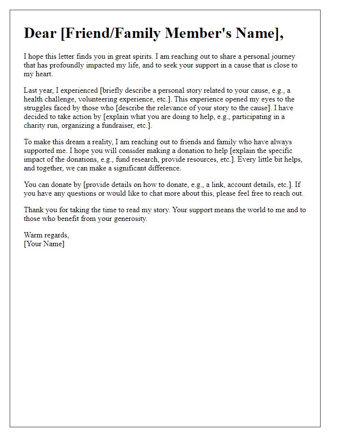 Letter template of personal story-driven donation request to friends and family